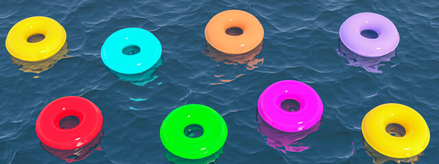 Fototapeta premium Hello summer, cute colored swimming ring, float on ocean, 3D illustration.