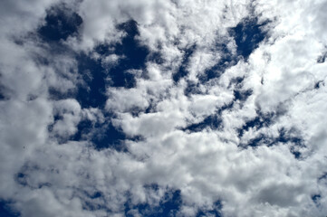 Puffy white clouds on a dark blue sky