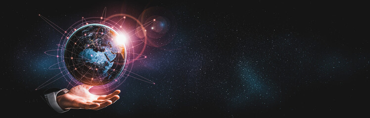 Global network connection covering earth with link of innovative perception . Concept of international trading and digital investment, 5G global wireless connection and future of internet of things .