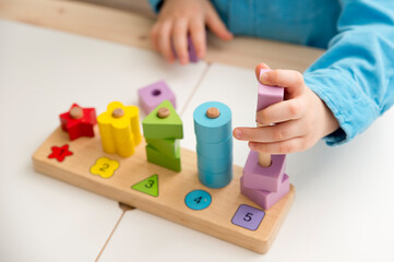 Learning counting, shapes and colors. Montessori type implement. wooden toys. Learn counting and...
