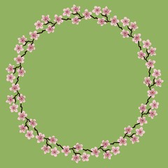 Colorful flowers wreath.Delicate wreath of sakura branches.Flowers blossom hand drawn,circle frame of pink colors flowers on olive.Copyspace.Design for invitation, wedding invitation or greeting cards
