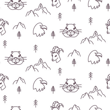 Forest alpine fauna seamless pattern. Mountain winter animals scandinavian simple outline style