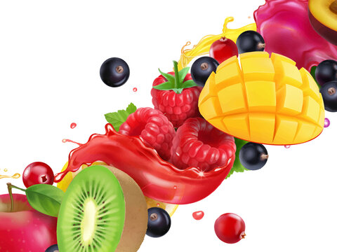Fuit and berry in juice splash. For juice, beverage with mango, apple, kiwi raspberry realistic vector