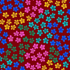 Seamless pattern with blossoming Japanese cherry sakura for fabric, packaging, wallpaper, textile decor, design, invitations, print, gift wrap, manufacturing. Colored flowers on burgundy background.