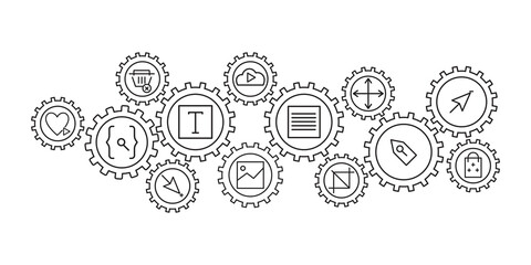 Web development line vector illustration.Concept with linked icons related to web promotion and development