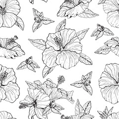 Seamless pattern with line art monochrome hibiscus flowers, buds and leaves, with black outline. On white background. Stock vector illustration.