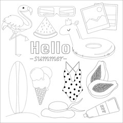Summer elements Vector illustration. Doodle character. Summer set with sunglasses  pool floats, tropical fruits, ice cream, flamingo.
