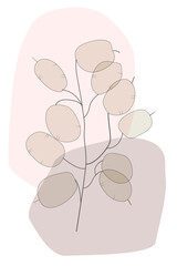 Abstract art minimalistic poster of a branch with leaves in a vase. A delicate lunaria plant against a background of simple shapes. Vector graphics.