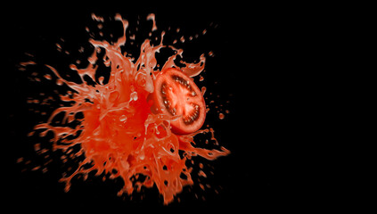 
Explosion of tomato juice. Splash of tomato juice. Black background. Closeup splash. Artistic motion blur. 3d. 3D rendering