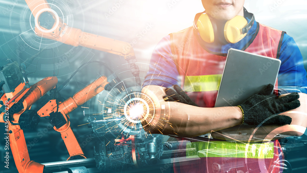 Poster mechanized industry robot arm and factory worker double exposure . concept of robotics technology fo
