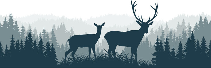 vector mountains forest woodland background texture seamless pattern with couple of white tailed deers