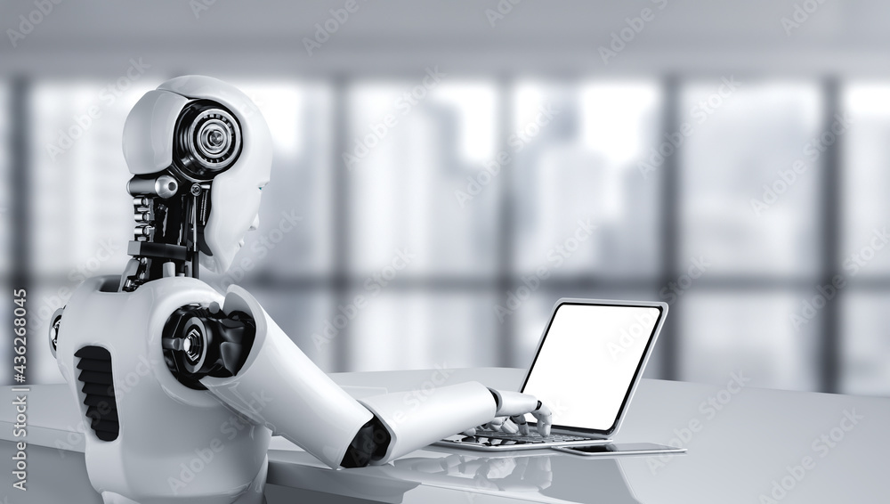 Poster robot humanoid use laptop and sit at table in future office while using ai thinking brain , artifici