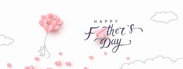 Fototapeta na wymiar Father's day postcard with flying child and pink balloons on white background. Vector paper symbols of love in shape of hearts for greeting card design