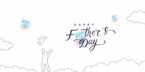 Father's day postcard with blue paper flying airplanes, playing dad and child on white sky background. Vector doodle happy family pattern for greeting card design