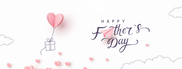 Fototapeta na wymiar Father's day postcard with paper flying elements and gift box on white sky background. Vector symbols of love in shape of heart for greeting card design