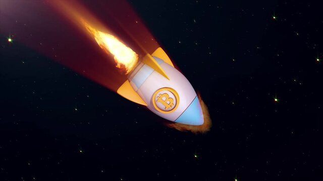 Bitcoin rocket ship crashing - Spaceship going down trough atmosphere shaking with space and stars in background. Metaphor for bitcoin price falling and failing concept. 3d render animation.