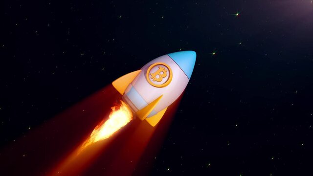 Bitcoin to the moon - Rocket ship flying fast upwards, shaking dramatically. Crypto currency price rising concept, 3d render animation.