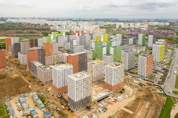Fototapeta na wymiar Moscow. Russia. May 2020. New residential complex in New Moscow. Construction of new neighborhoods and new homes. Photo from a quadrocopter.