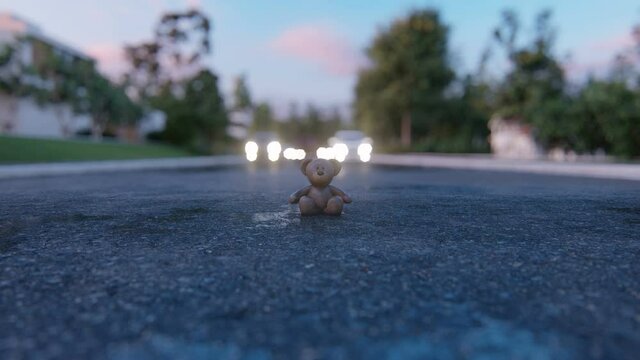 The lost teddy bear lies on a wet highway, and cars rush past at high speed. Lost favorite toy concept. View of the missing wet teddy bear. Animation for travel, transport or kids backgrounds.