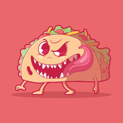 Cute Taco Monster vector illustration. Food, funny, mascot design concept.