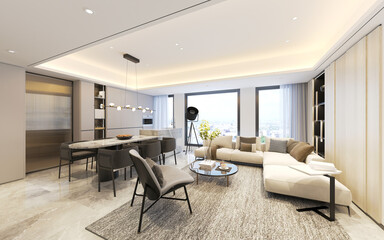 3d render of luxury house living room and dining room