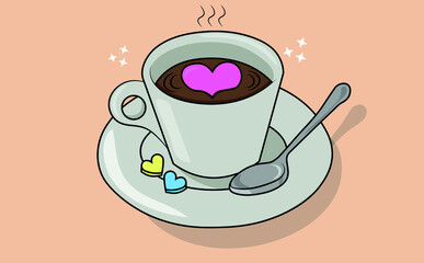 Vector illustration cup of chocolate with a spoon and hearts