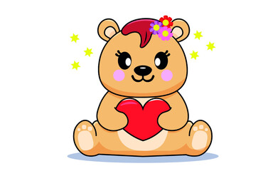Vector illustration cute teddy bear holding heart