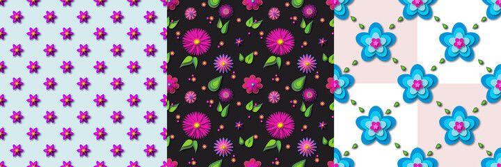 Pink Flower Seamless Repeat Pattern Set, Repeat Pattern Paper Cut Flowers, Modern Vector Paper Cut Effect Floral Background, Vector Illustration for Fabric Design, Wallpaper, Banner, Wallpaper