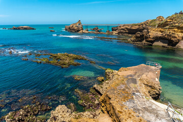 Coast of Plage du Port Vieux on a summer afternoon. Municipality of Biarritz, department of the Atlantic Pyrenees. France