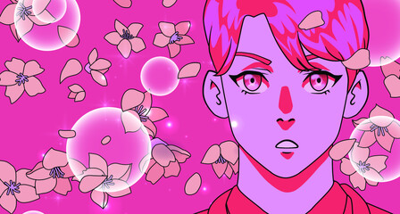 Black-haired young man in cartoon style. The petals of flowers is falling in front of him.
