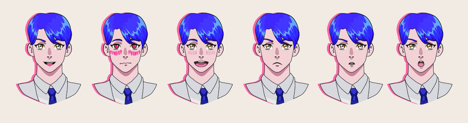 Anime avatar maker with set of different emotions. Cartoon male character template for animation or game design.