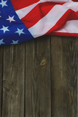 Flag Day. National patriotic holiday. American Flag close up on wood background for Memorial Day or...