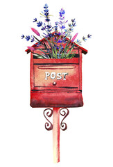 Handdrawn watercolor illustration isolated on white background. Red mailbox with lavender flowers.
