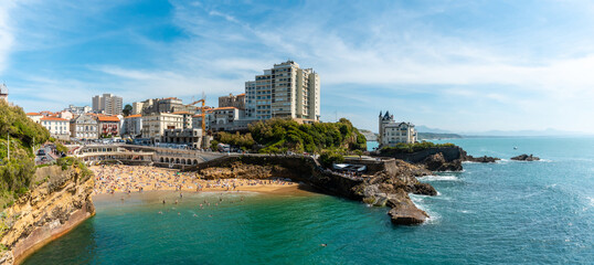 Panoramic of Plage du Port Vieux in Biarritz, summer holidays in the south-east of France....