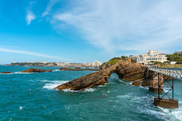 Wooden bridge together to Plage du Port Vieux in Biarritz, holiday in south-eastern France....