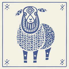 Vector modern folk sheep illustration in scandinavian hygge stile with ethnic ornaments. Perfect print for cozy home decor. © Виктория Шапкина