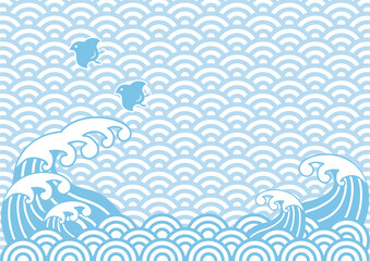 和柄　日本　波　海　ちどり　鳥　青海波　日の出　正月　年賀素材　和風　背景　コピースペース　イラスト