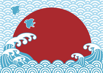 和柄　日本　波　海　ちどり　鳥　青海波　日の出　正月　年賀素材　和風　背景　コピースペース　イラスト