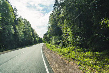 The road among the Karelian taiga. Pine forest on the side of the road. Trip to Karelia. Highway among the trees. Driving on a trip to beautiful places. Karelia. Day.