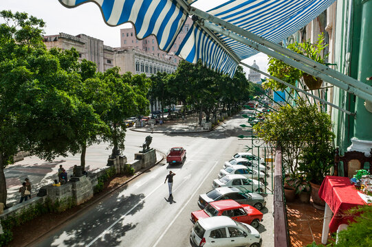The Prado boulevard seen from above with the dome of the Capital building at the end of the street, Havana, Cuba.