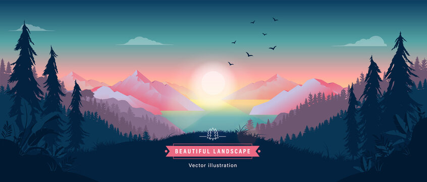 Vector sunrise and landscape background - View with mountains and sea in beautiful nature scenery. 