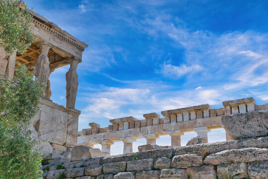 View of Erehtheio with Karyatides in Acropolis of Athens, Greece