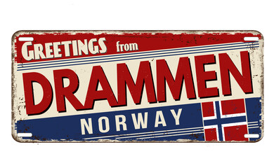Greetings from Drammen vintage rusty metal plate
