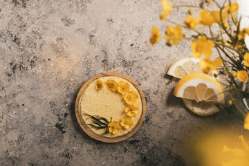 yellow color, lemon cream and yellow flowers space to write