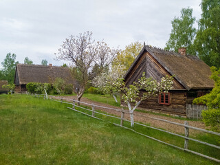 Traditional Kashubian village in Pomerania (northern Poland) with typical rural architecture for central Europe - obrazy, fototapety, plakaty
