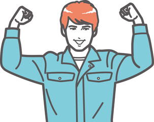 ガッツポーズする作業服の男性①