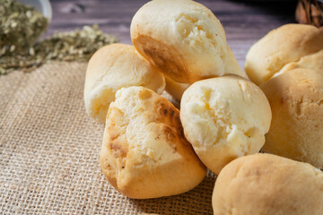 Homemade cassava and cheese bread called chipa. Classic cheese bread from Argentina, Paraguay and Brazil. Selective focus.