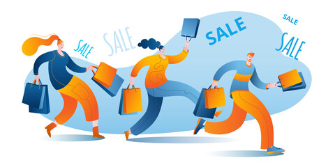 Characters coming with packages from stores. People shopping at the Mall.