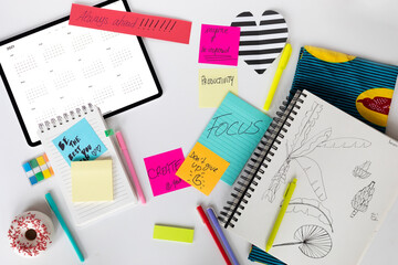 Productivity flatlay on white background