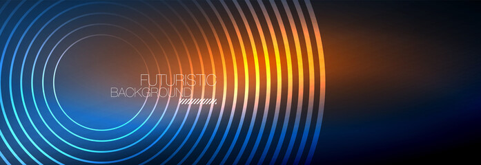 Dark abstract background with glowing neon circles. Trendy layout template for business or technology presentation, internet poster or web brochure cover, wallpaper